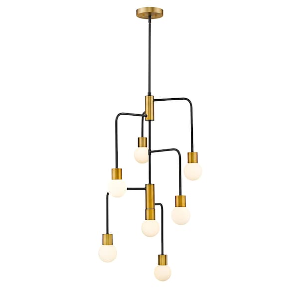 Neutra 7 Light Chandelier, Matte Black + Foundry Brass & Opal